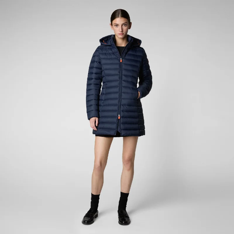 Women's Hooded Animal free Puffer Coat Carol in Navy Blue Fur-Trimmed Winter Coat