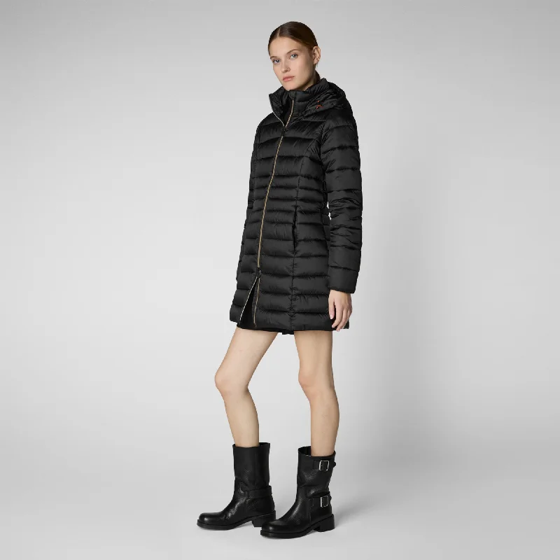 Women's Hooded Animal free Puffer Coat Reese in Black Plaid Checkered Coat