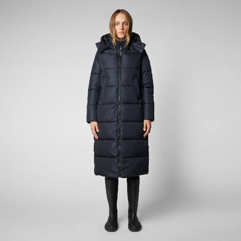 Women's Colette Long Puffer Coat with Detachable Hood in Blue Black Knit Longline Duster