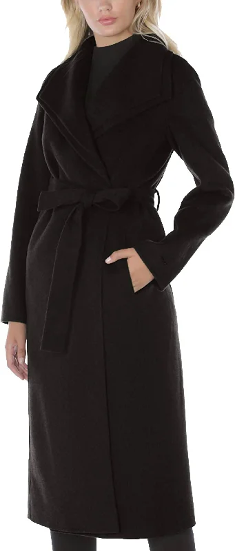 Women's Double Layered Collar Belted Wool Long Coat In Black Fitted Faux Suede Blazer