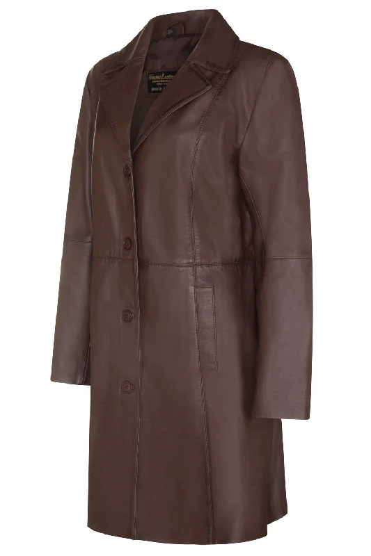 LADIES Brown ¾ LEATHER COAT CLASSIC 3/4 KNEE-LENGTH Fuzzy Sherpa Pullover