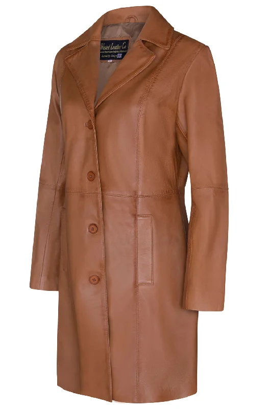 LADIES Tan ¾ LEATHER COAT CLASSIC 3/4 KNEE-LENGTH Cropped Moto Jacket