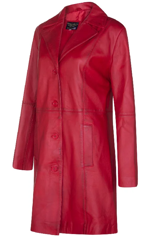 LADIES Red ¾ LEATHER COAT CLASSIC 3/4 KNEE-LENGTH Belted Wool Overcoat