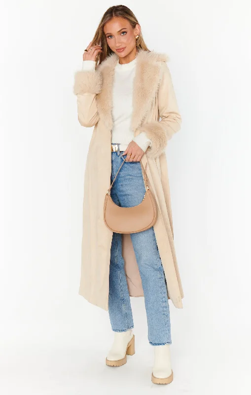 Penny Lane Long Coat ~ Beige Faux Suede with Faux Fur Puffy Insulated Vest