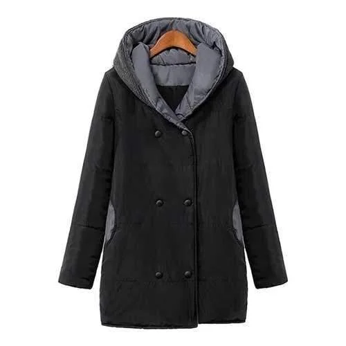 Stylish Hooded Long Sleeve Color Block Knit Splicing Women's Coat - Black S Cozy Knitted Poncho