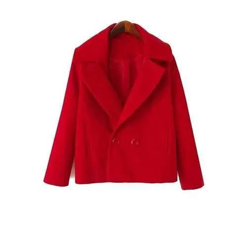 Simple Style Lapel Collar Long Sleeve Solid Color Worsted Women's Coat - Red S Puff Sleeve Blazer