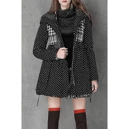 Stylish Hooded Long Sleeve Polka Dot High-Waisted Women's Parka Coat - Black S Button-Up Cardigan Coat