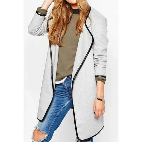 Stylish Turn Down Neck Long Sleeve Color Block Women's Coat - White L Drape Front Waterfall Coat