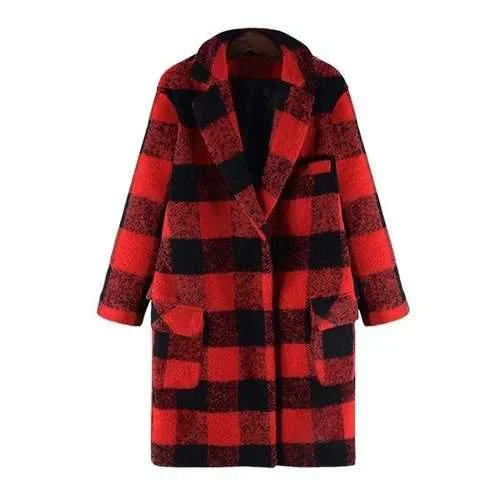 Stylish Turn-Down Collar Long Sleeves Checked Women's Woolen Coat - Red 5xl Fleece Lined Windbreaker