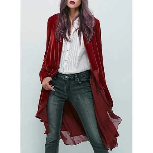 Stylish Collarless Long Sleeve Chiffon Spliced Asymmetrical Solid Color Women's Coat - Wine Red Xl Hooded Parka Coat