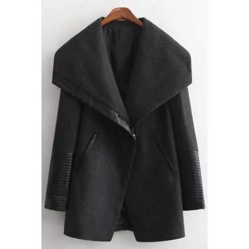 Stylish Large Lapel Long Sleeve PU Spliced Women's Thick Coat - Black L Embroidered Kimono Coat