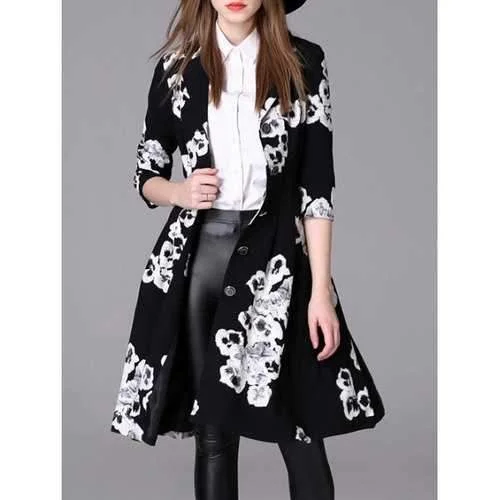 Floral Buttoned Coat - Black M Recycled Down Jacket