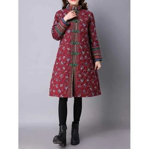 Flower Print Frog Button Quilted Coat - Deep Red M Lightweight Windbreaker