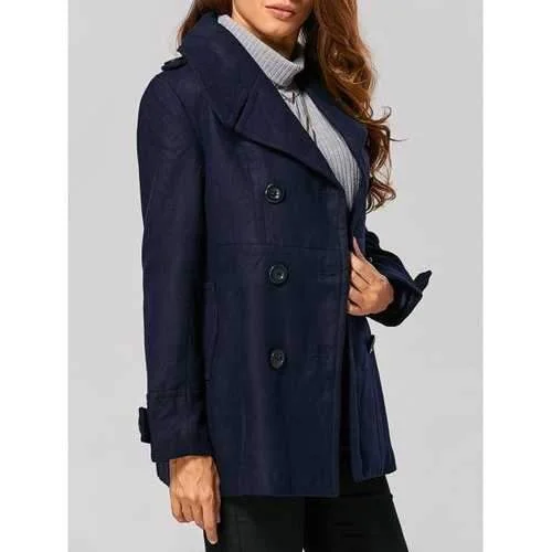 Fitting Woolen Pea Coat - Purplish Blue L Polished Tailored Coat