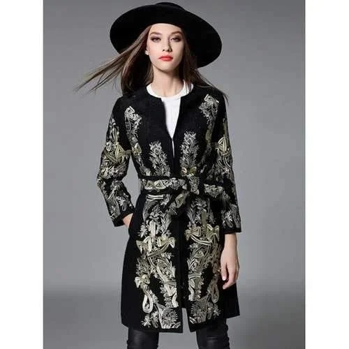 Slim Gold Thread Embroidered Long Belted Wool Coat - Black L Classic Trench Coat