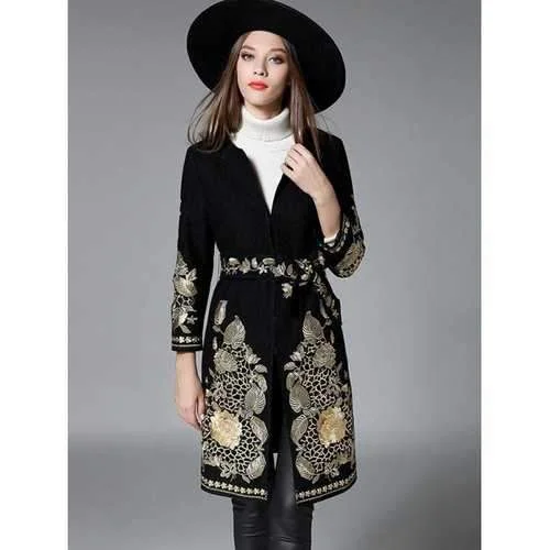 Slim Gold Thread Embroidered Long Wool Coat - Black L Long Hooded Anorak