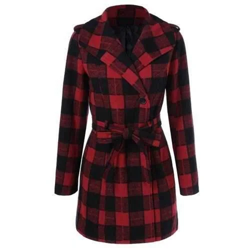 One Button Design Plaid Coat - Checked M Puff Sleeve Overcoat