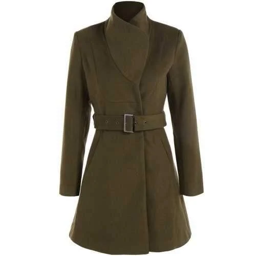 High Neck Belted Skater Coat - Army Green Xl Stretch Fit Moto Jacket