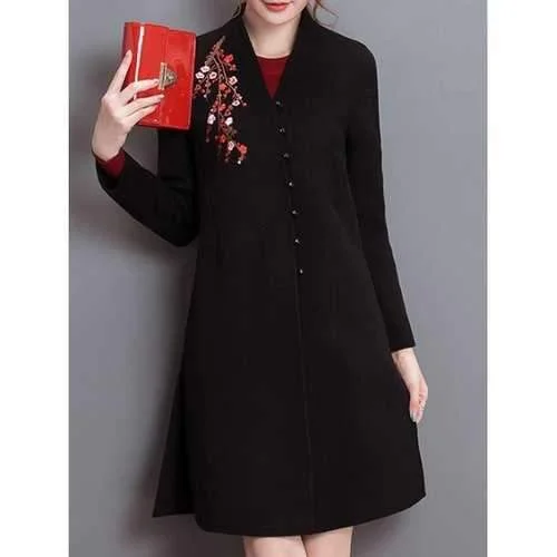 Embroidery Fit and Flare Woolen Blend Coat - Black M Pastel Wool Peacoat