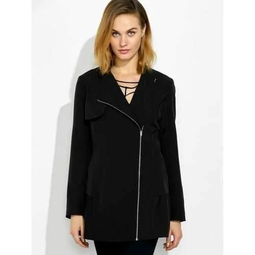 Lapel Collar Asymmetrical Zipper Coat - Black M Belted Midi-Length Coat