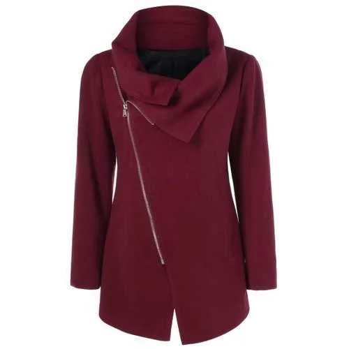 Asymmetrical Collared Zippered Coat - Dark Red L Open-Knit Duster Coat