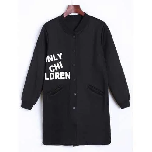 Letter Printed Long Bomber Coat - Black One Size Stylish Bomber Jacket