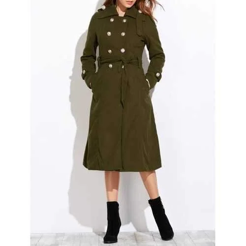 Belted Double Breasted Long Coat - Army Green L Hooded Puffer Anorak