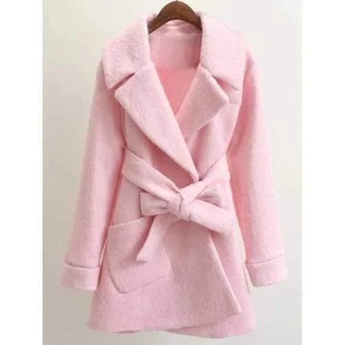 Belted Lapel Wool Coat - Pink M Knit Longline Duster