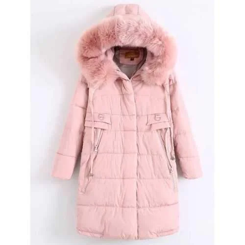 Fur Hooded Padded Coat - Pink M Luxury Cashmere Wrap