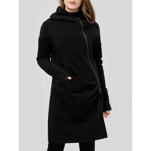 Asymetrical Zipper Hooded Coat - Black L Double-Layered Poncho