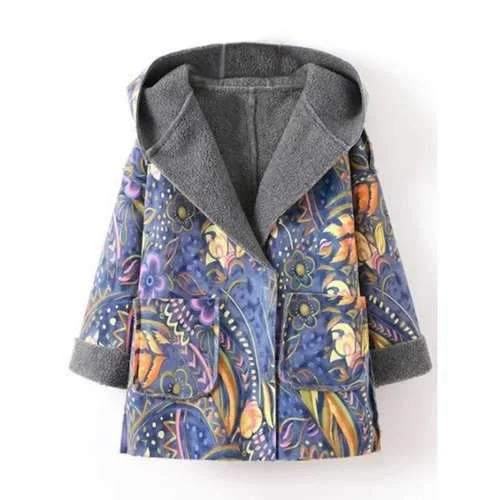 Hooded Wrap Tribal Print Long Suede Coat - Blue L Puff Shoulder Coat