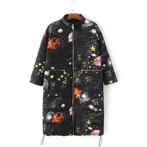 Starry Sky Print Long Puffer Coat - Black L Trendy Puffer Vest