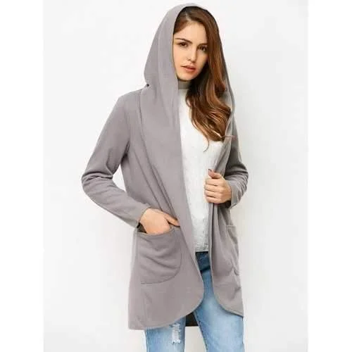 Open Front Cotton Hooded Coat - Gray Xl Ruched Sleeve Blazer