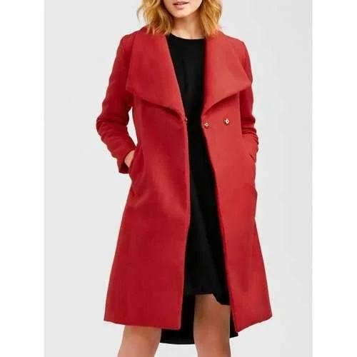 Wool Blend Long A Line Wrap Coat With Belt - Red L Structured Wool Blazer