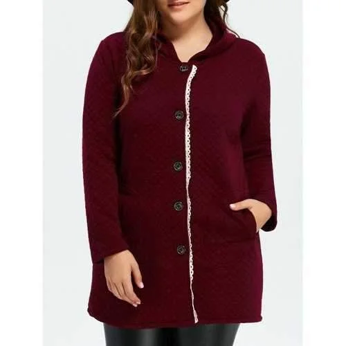 Button Up Lacework Hooded Coat - Wine Red L Streetwear Bomber Jacket