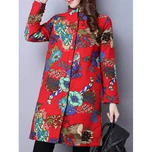 Floral Print Quilted Coat - Red Xl Luxe Faux Fur Coat