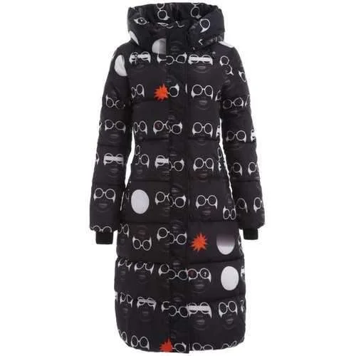 Glassess Printed Maxi Padded Hooded Coat - Black Xl Chic Winter Coat