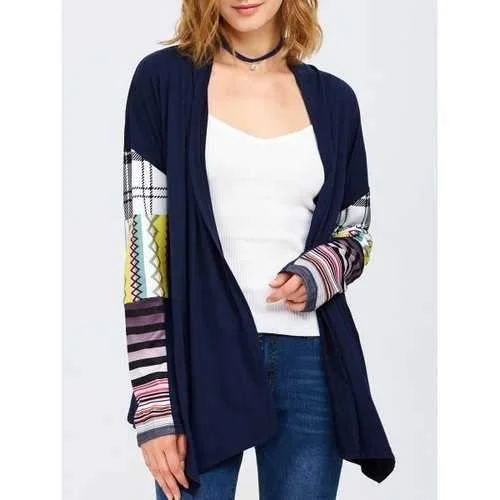 Collarless Tribal Print Duster Coat - Purplish Blue M Elegant Cape Blazer