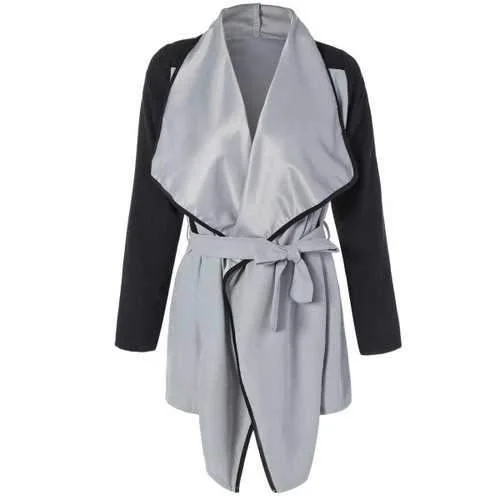 Two Tone Belted Wrap Coat - Black And Grey M Thick Layered Jacket