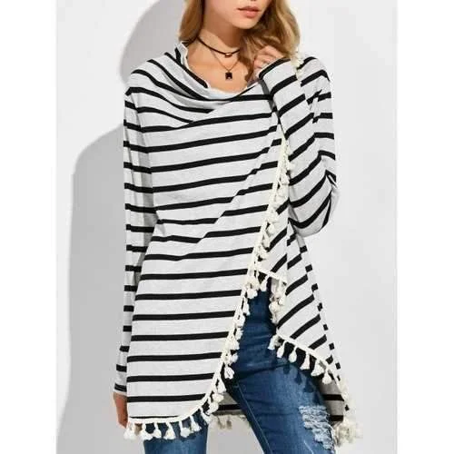 Revisable High Low Tassel Stripe Coat - Light Grey L Checkered Wool Shacket