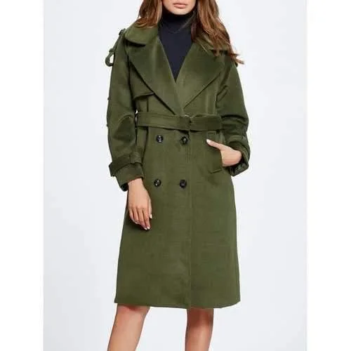 Lapel Belted Double Breasted Wool Blend Coat - Green L Elegant Wool Jacket