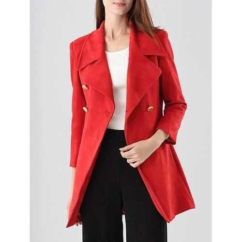 Faux Suede Double-Breasted Coat - Red Xl High-Collar Puffer Coat