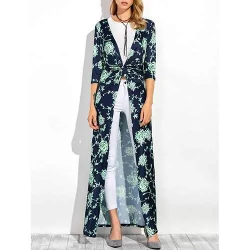 Three Quarter Sleeves Longline Floral Print Duster Coat - Purplish Blue S Draped Longline Jacket