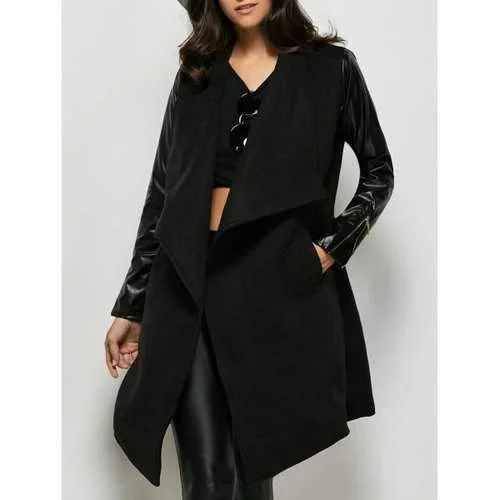 Faux Leather Panel Wool Blend Coat - Black L Buttoned Peplum Coat