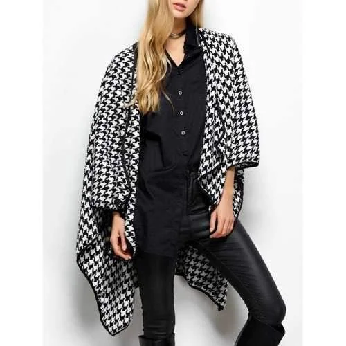 Asymmetrical Open Front Houndstooth Coat - White And Black One Size Luxe Satin Long Coat