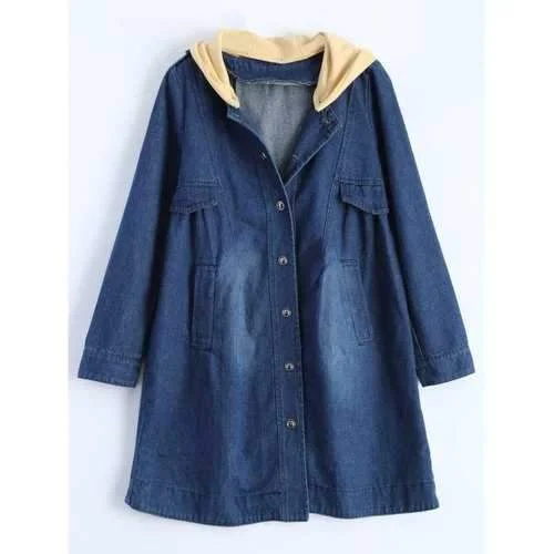 Hooded Ruched Denim Coat - Blue M Draped Collar Cardigan