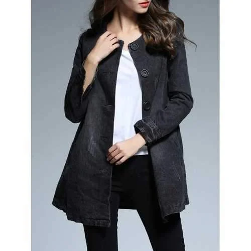 Collarless Denim Distressed Single Breasted Coat - Black L Belted Crossover Blazer