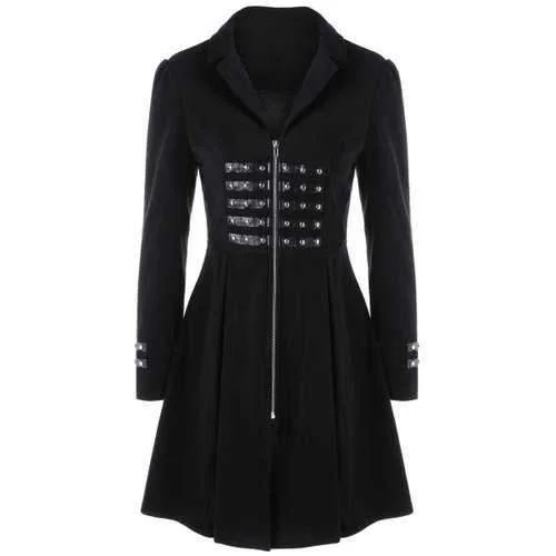 PU Leather Trim Lace Up Flare Coat - Black Xl Cropped Tweed Jacket