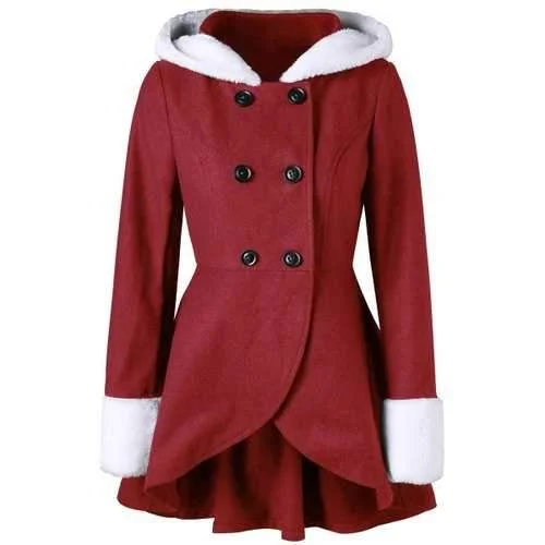 Plush Hooded Double Breasted Tunic Coat - Red M Military-Inspired Jacket