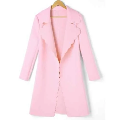 Open Front Scalloped Trim Coat - Pink M Quilted Puffer Jacket